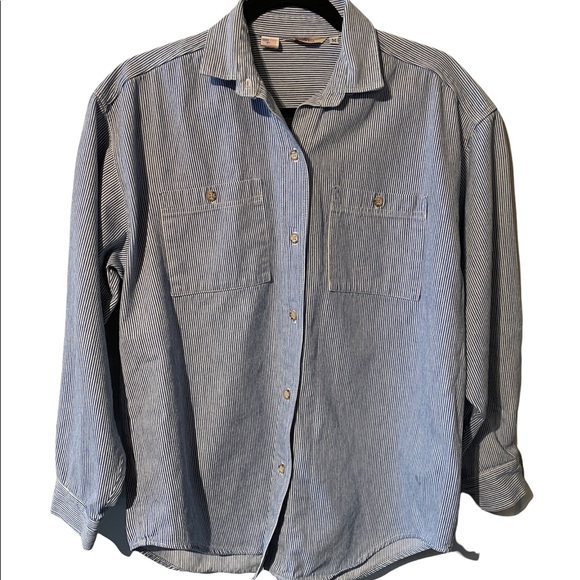 Vintage Tops - Vintage Gotcha Covered Railroad pinstripe rounded hem button up size Medium rare